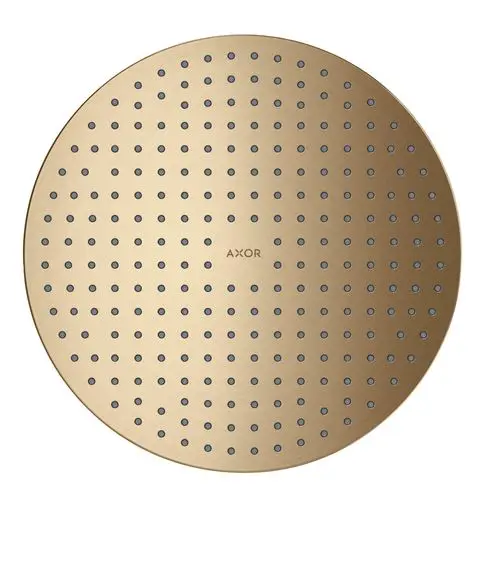 Runde Kopfbrause von AXOR in brushed bronze mit gleichmäßig verteilten Wasseröffnungen auf der Oberfläche. Ideal für die Deckenmontage im Badezimmer.